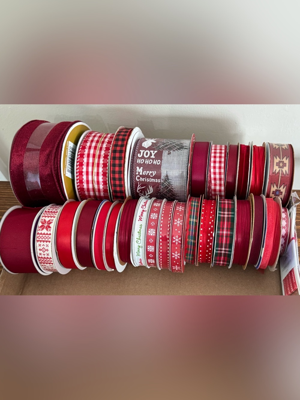 Lot of 28 Spools, Red Ribbon Assortment, Decorative, Crafting, Supplies, Bulk